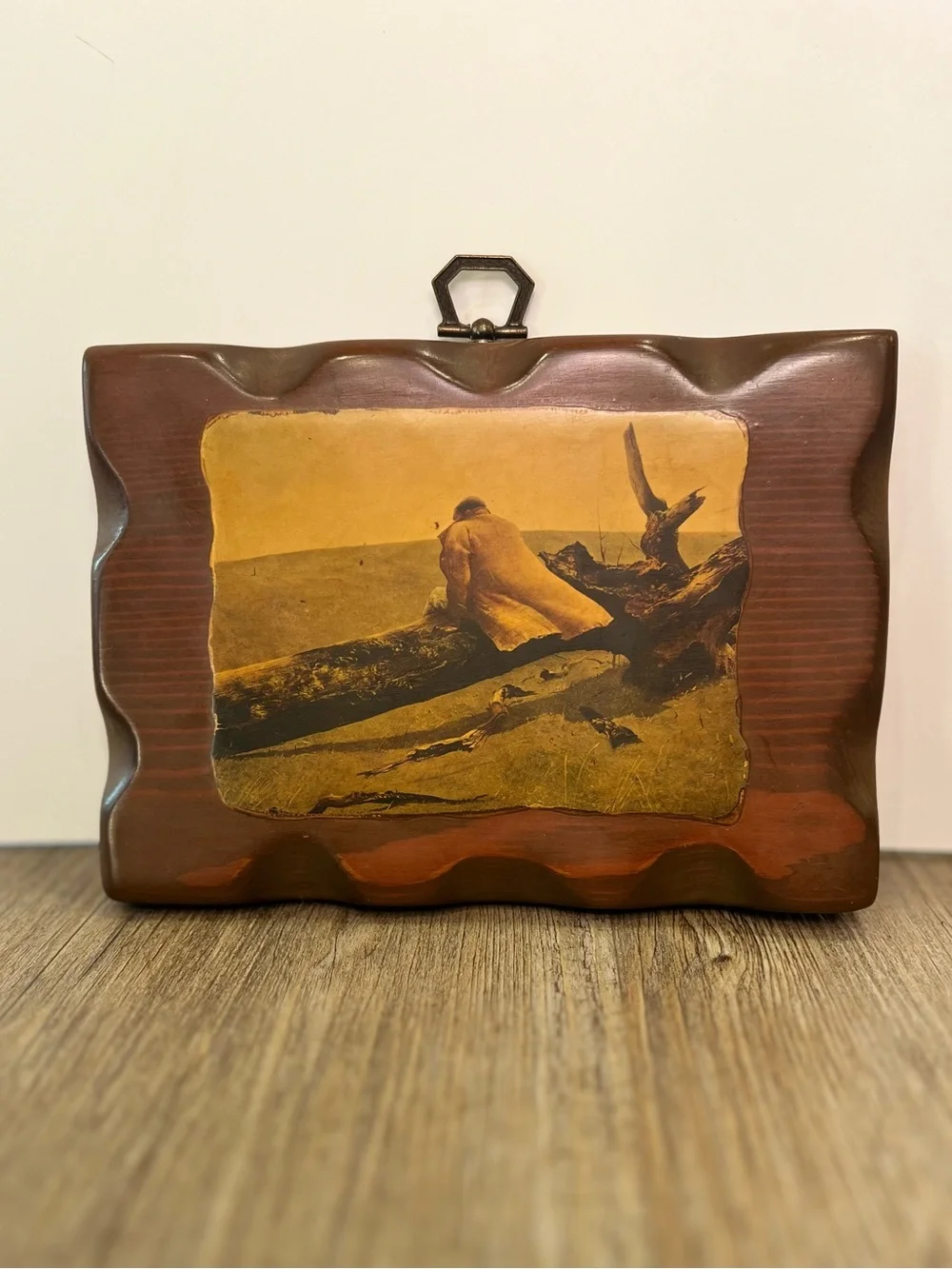 Vintage wood plaque featuring April Wind picture art- brown